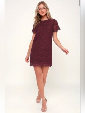 Lulus Take Me to Brunch Burgundy Lace Shift Dress - Large